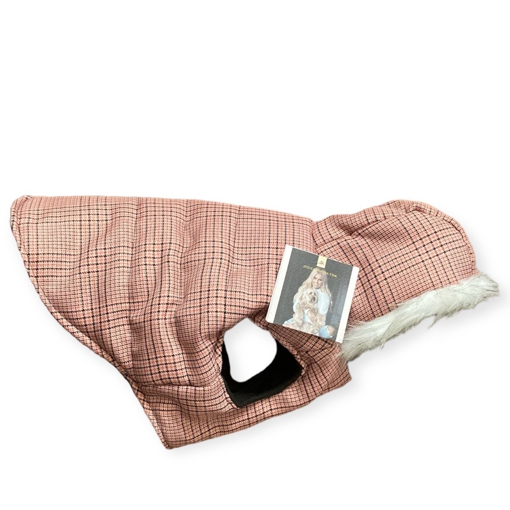 Jessica Simpson Pets Hooded Plaid Dog Coat Jacket Small Pink Black